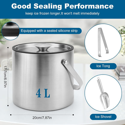 Ice Bucket, 4L Double Wall Insulated Ice Bucket with Lid,Scoop,Tongs- Inner Layer 304 Stainless Steel Ice Container Keep Ice Frozen Longer- Ideal for Cocktail Bar,Parties (4L)