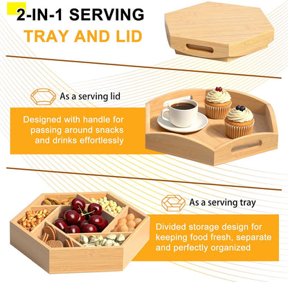 Bamboo Snack Serving Tray with Lid, 360° Rotating Dry Fruit Tray