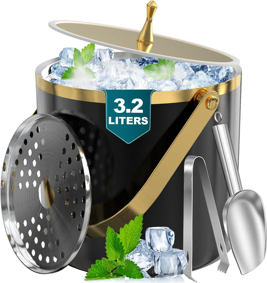 3.2L Double Wall Ice Bucket with Lid, Premium Stainless Steel Insulated Ice Bucket Includes Scoop, Tongs & Strainer, Keeps Ice Cold Longer for Parties, Home Bar, Chilling Beer & Wine, Black and Gold