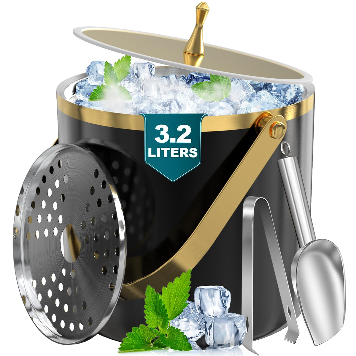 3.2L Double Wall Ice Bucket with Lid, Premium Stainless Steel Insulated Ice Bucket Includes Scoop, Tongs & Strainer, Keeps Ice Cold Longer for Parties, Home Bar, Chilling Beer & Wine, Black and Gold