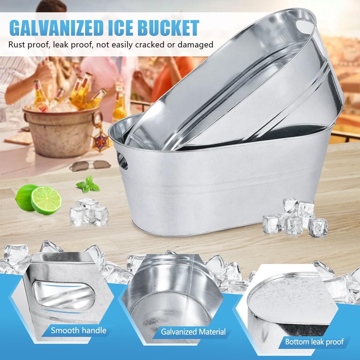OBTANIM 2 Pack 4 Gallon Galvanized Ice Buckets Metal Champagne Drink Cooler Ice Tub with Carry Handles for Beer Cocktails Wine Beverage Home Parties Bar Cooling Supplies (Silvery)