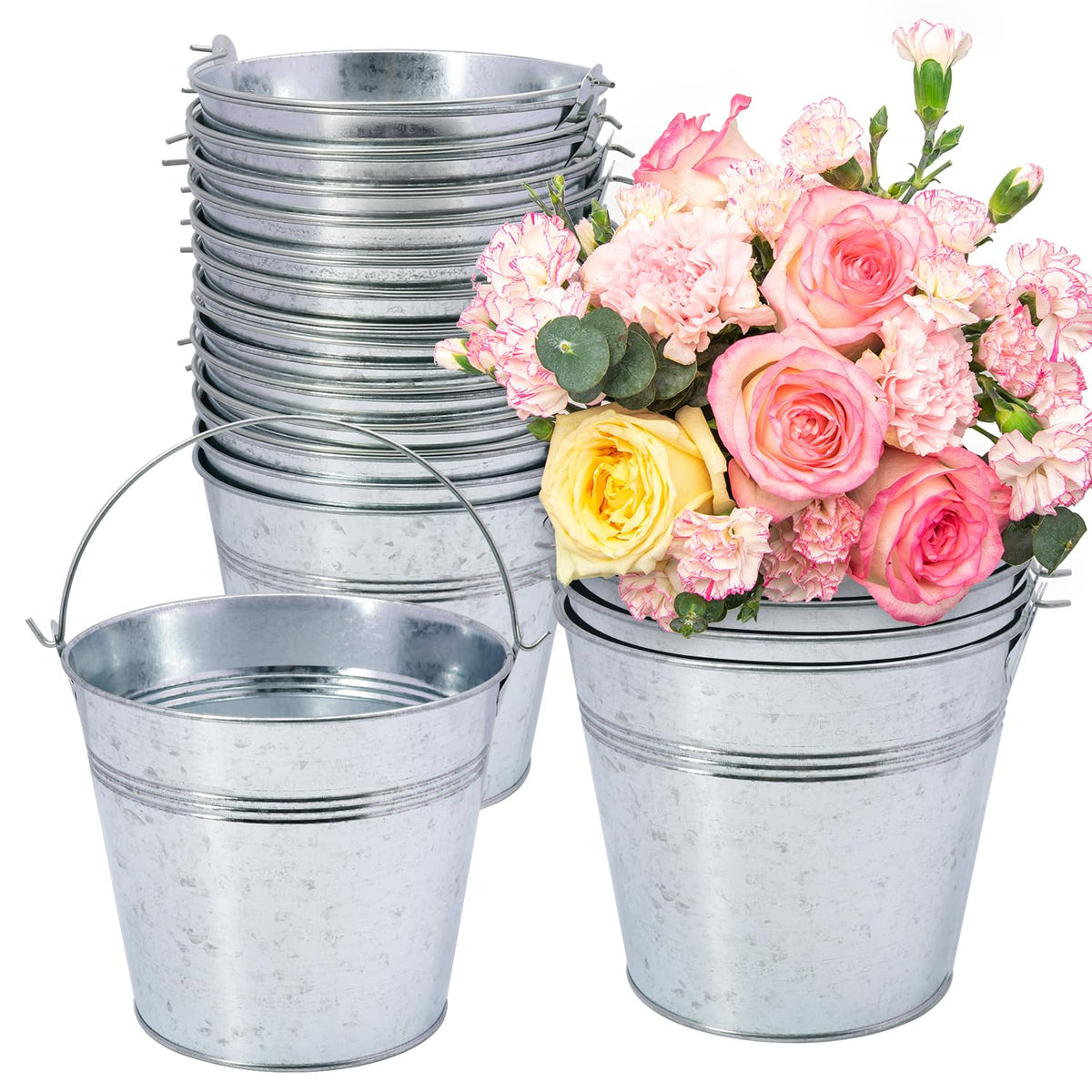 8 Pack 7 inch Red Metal Ice Bucket with Handles, 7 inch Red Serving Pail Ice Bucket, Galvanized Beer Buckets for Party, Home, Bar, and Outdoor Use