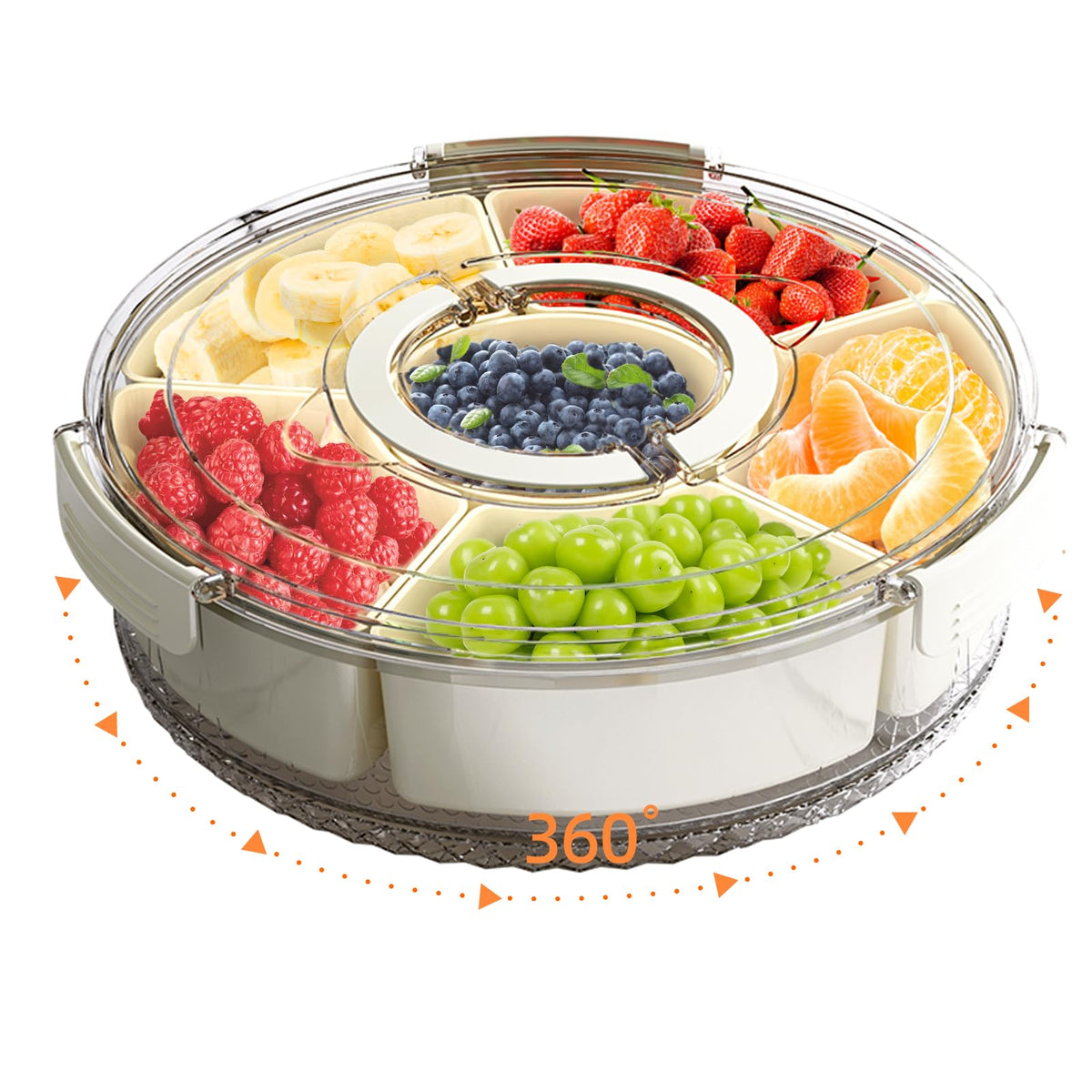 Divided Serving Tray with Lid and Handle, Stackable Snackle Box Container for Fruits Candy Organizer, Portable Spinning Rounded Veggie Tray for Kitchen, Party, Trave and Picnic-2 PACK
