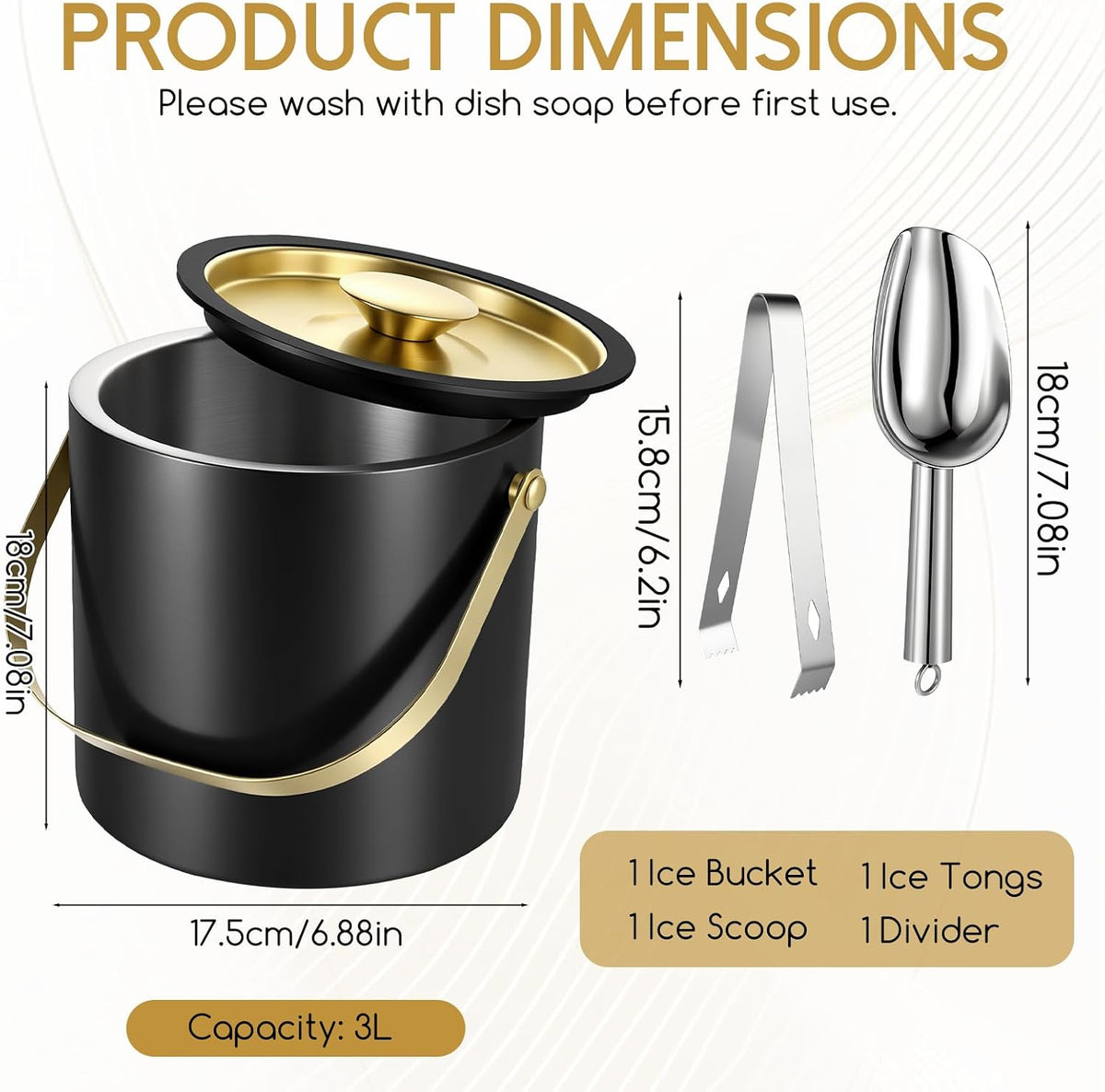 3L Modern Insulated Ice Bucket with Silicone Lid, Scoop, Strainer Double Wall Insulated Stainless Steel Ice-Bucket Metal-Ice Bucket for Parties Cocktail Bar, Outdoor Champagne Ice Container Bin(Black）