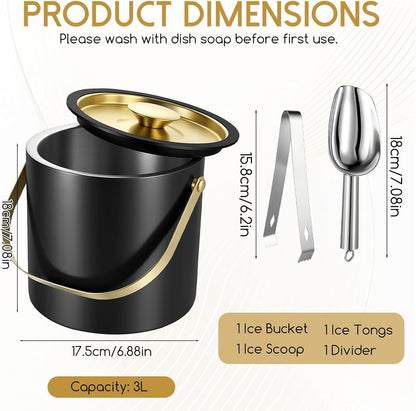 3L Modern Insulated Ice Bucket with Silicone Lid, Scoop, Strainer Double Wall Insulated Stainless Steel Ice-Bucket Metal-Ice Bucket for Parties Cocktail Bar, Outdoor Champagne Ice Container Bin(Black）