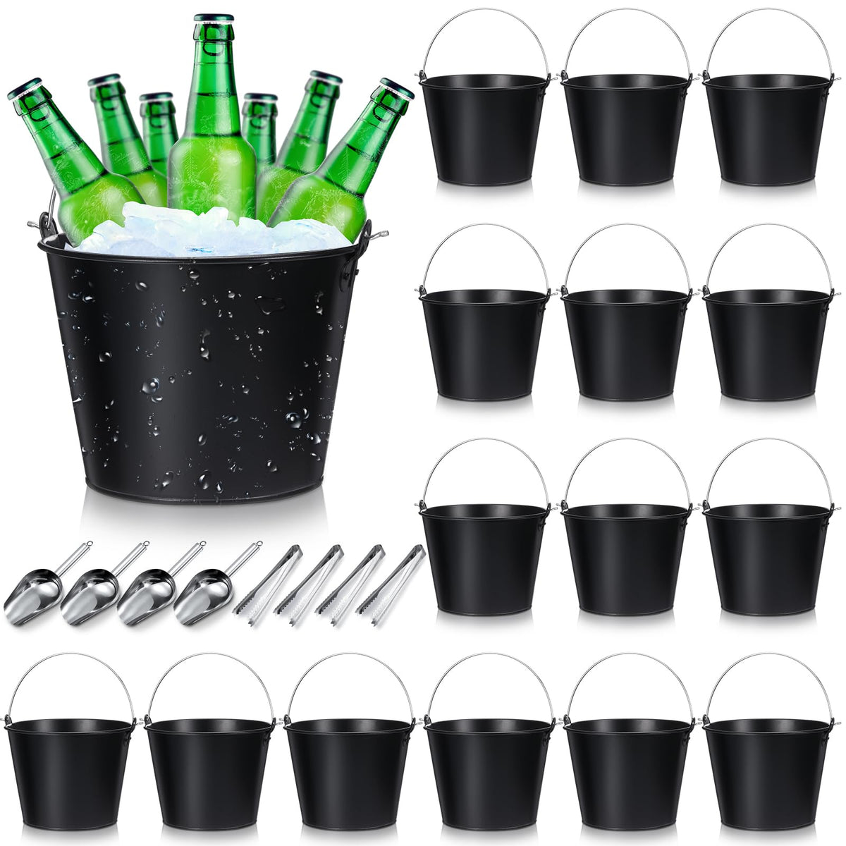 Zopeal 24 Pcs Galvanized Beer Buckets with Scoops Tongs, Retro