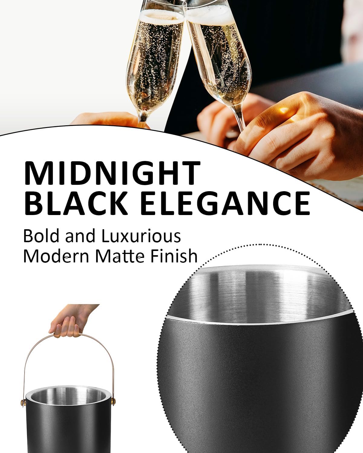 Bakpoco 3L Ice Bucket with Silicone Gold Lid, Scoop, Tongs & Strainer, Stainless Steel Double Wall Insulated Ice Buckets for Parties & Cocktail Bar, Outdoor Champagne Ice Container Bin, Black