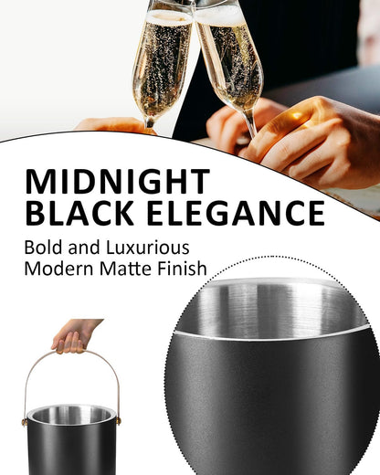 Bakpoco 3L Ice Bucket with Silicone Gold Lid, Scoop, Tongs & Strainer, Stainless Steel Double Wall Insulated Ice Buckets for Parties & Cocktail Bar, Outdoor Champagne Ice Container Bin, Black