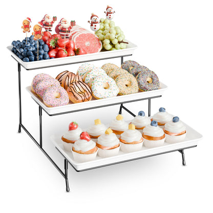 Bumusty Large 3-Tier Melamine Serving Tray Set, 17 x 8.7 in, Black Stand