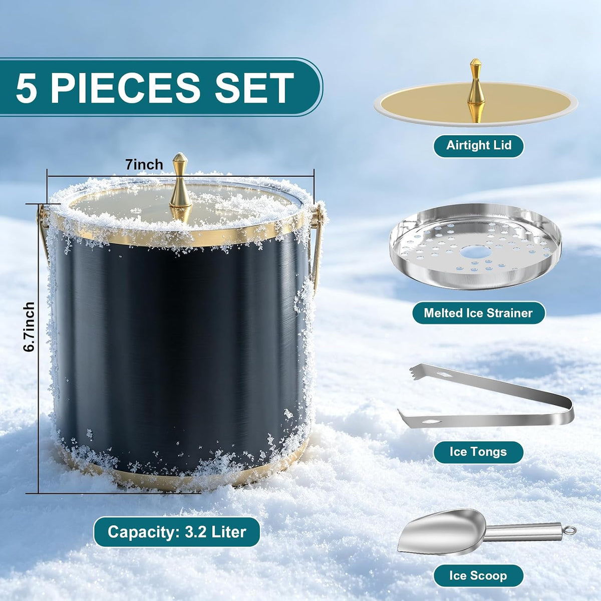 3.2L Double Wall Ice Bucket with Lid, Premium Stainless Steel Insulated Ice Bucket Includes Scoop, Tongs & Strainer, Keeps Ice Cold Longer for Parties, Home Bar, Chilling Beer & Wine, Black and Gold