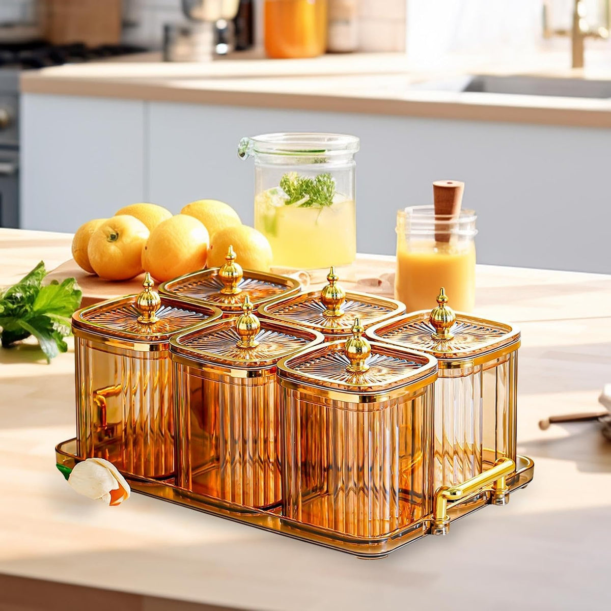 Dry Fruit Jars with Lid Set, Dustproof Multifunctional with Tray Snack Container,Sugar Jars for Dining Room Kitchen, Amber