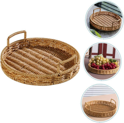 Woven Bread Basket Imitation Rattan Serving Tray with Handle 8.66 X 8.66 X 2.75 in for Fruit Snacks Dried Fruit Candy Kitchen Counter Home Hotel Shop