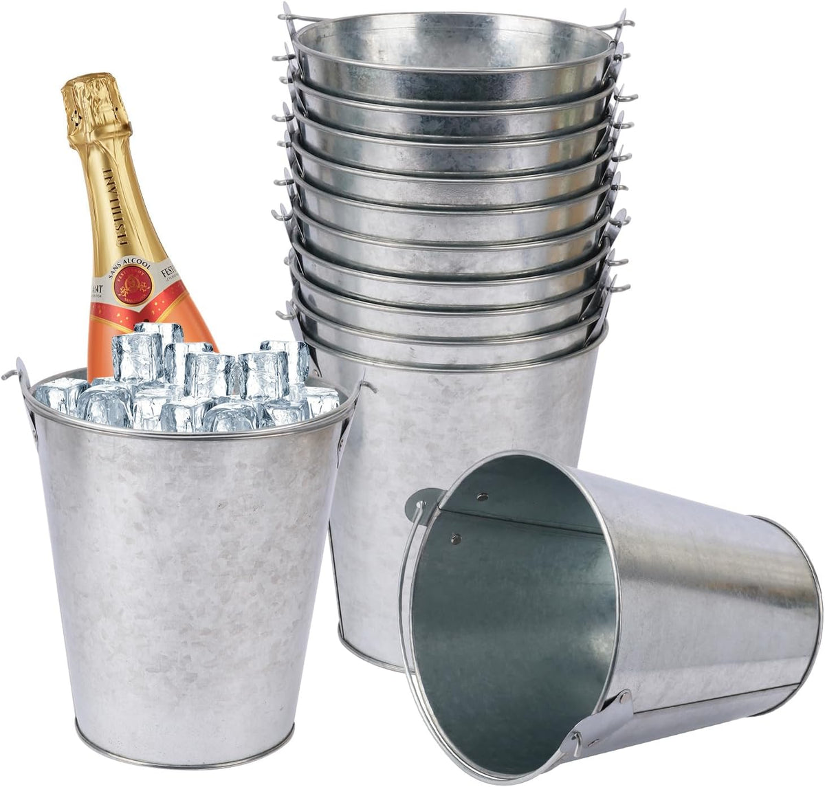 12 Pack 7 Inch Large Galvanized Ice Buckets with Handles, 100 OZ Metal Bucket for Beer, Wine, Champagne, Parties, BBQs, Tailgating, and Elegant Centerpieces