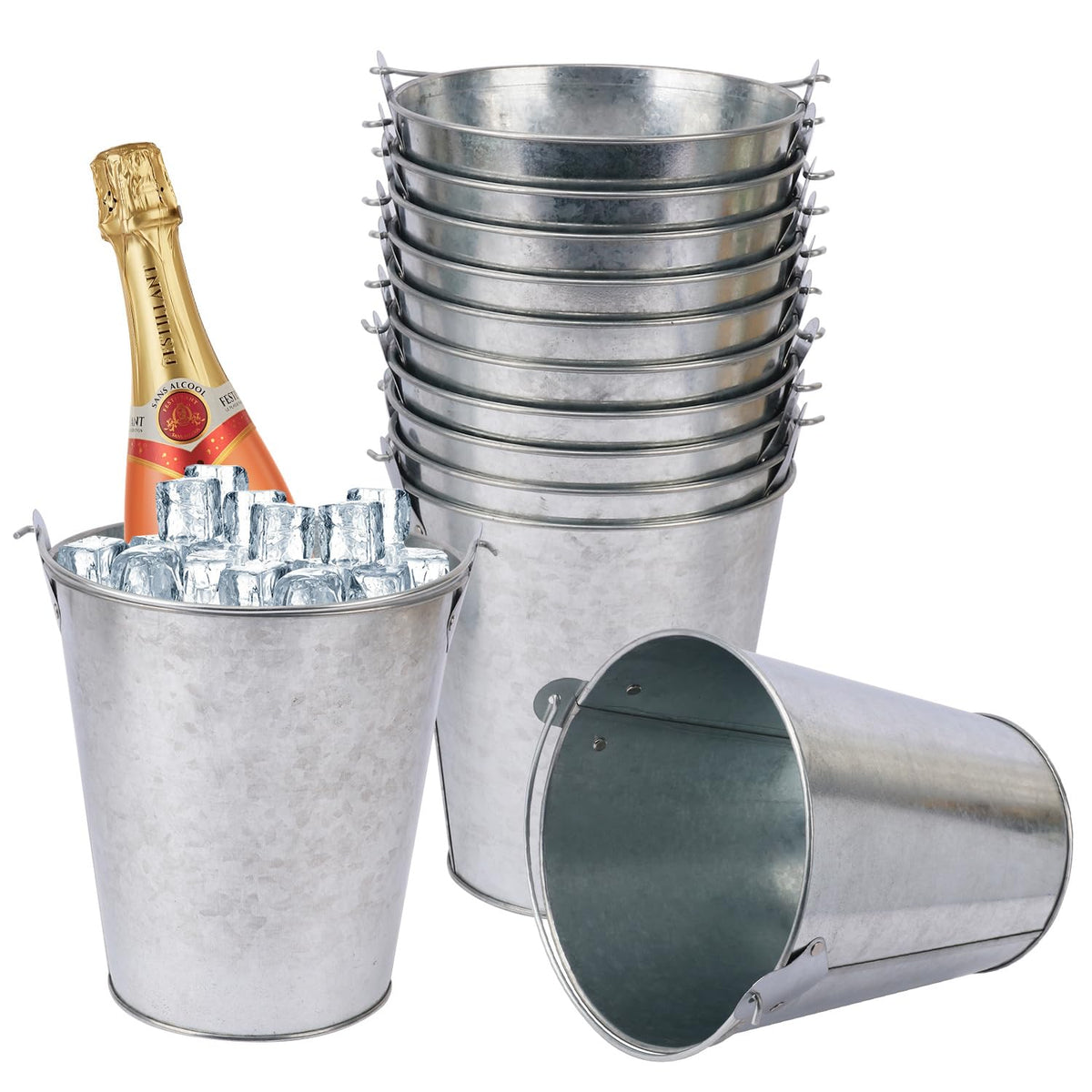12 Pack 7 Inch Large Galvanized Ice Buckets with Handles, 100 OZ Metal Bucket for Beer, Wine, Champagne, Parties, BBQs, Tailgating, and Elegant Centerpieces