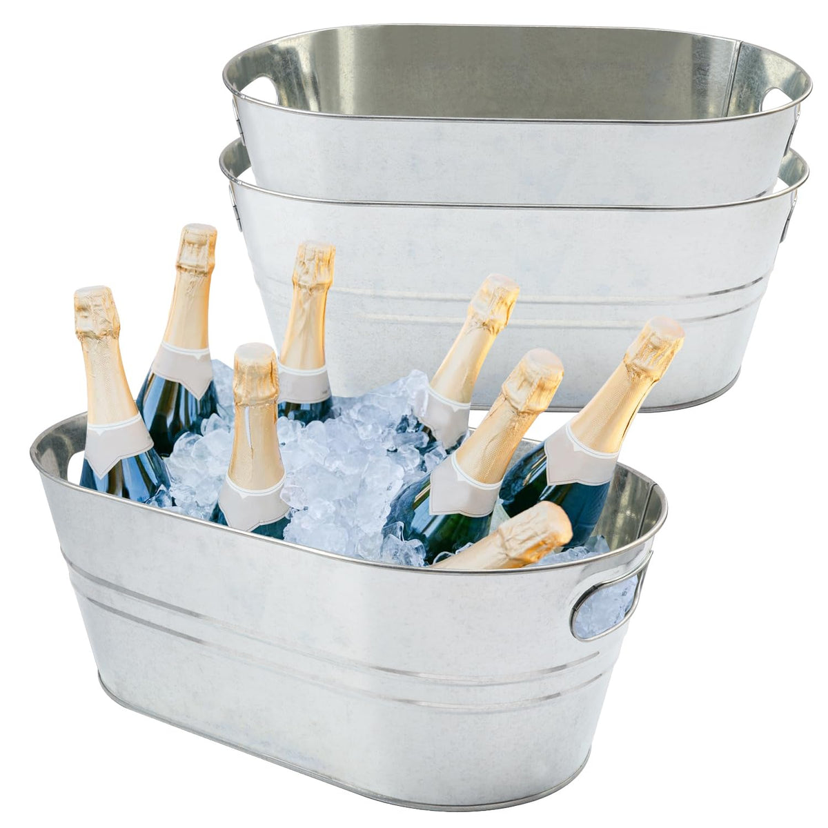 2 PCS Galvanized Tub Ice Bucket Set with Handles - 3.5 Gallon Galvanized Bucket Beverage Tubs for Parties, Large Metal Drink Ice Buckets for Beer, Wine, Cocktails & Outdoor Events
