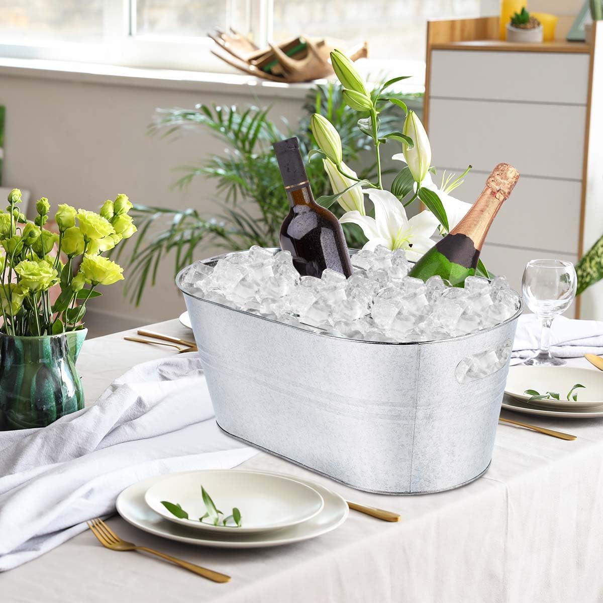 OBTANIM 2 Pack 4 Gallon Galvanized Ice Buckets Metal Champagne Drink Cooler Ice Tub with Carry Handles for Beer Cocktails Wine Beverage Home Parties Bar Cooling Supplies (Silvery)