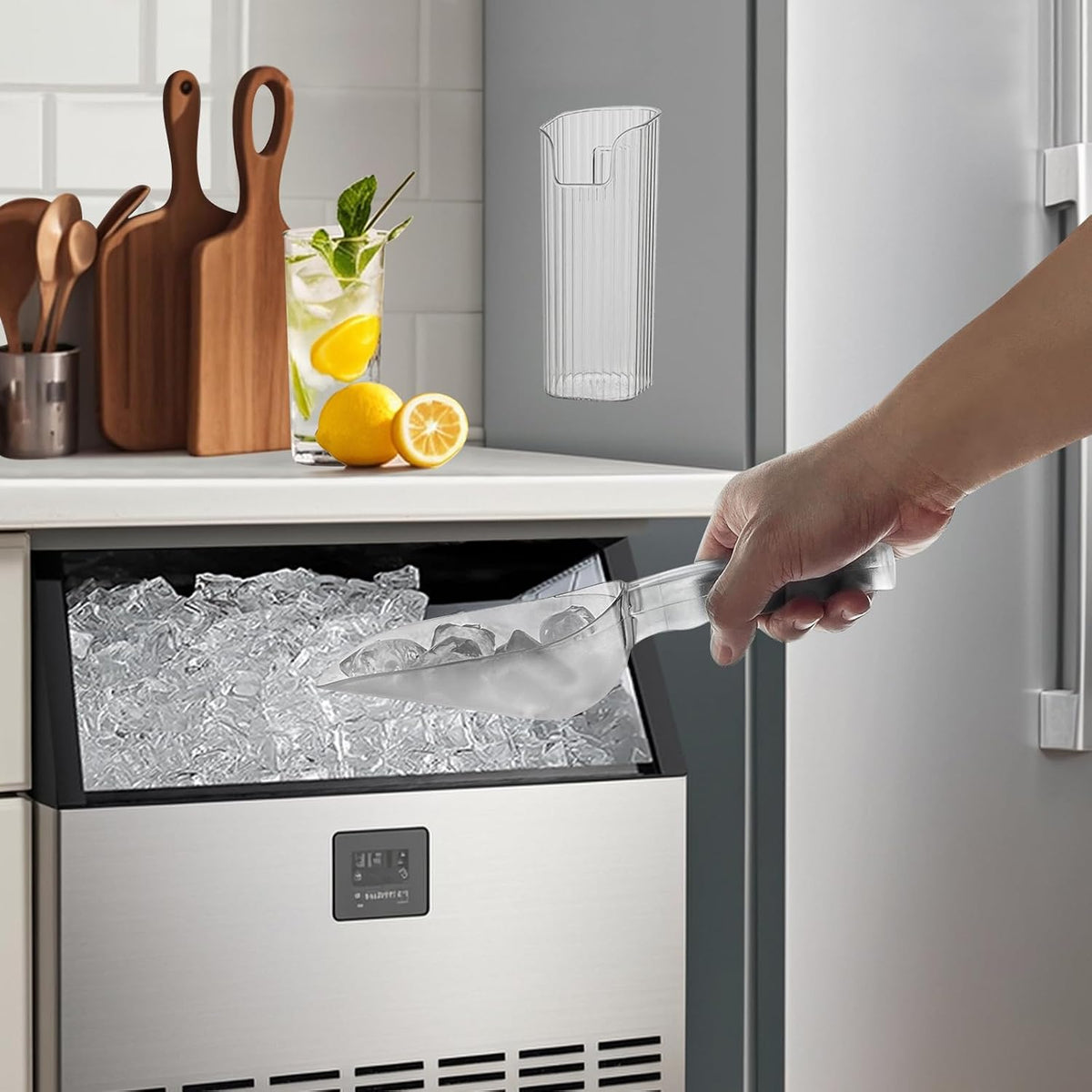 KAWENDE Ice Scoop With Holder - Removable Plastic Scoop for Freezer, Kitchen Countertop Ice Maker, Commercial Machine - Strong Traceless Self-Adhesive