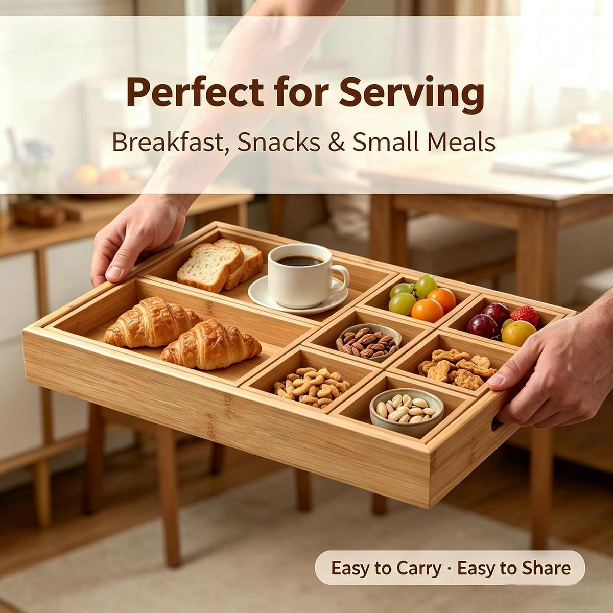 Natural Bamboo Serving Tray with Handles, Multi‑Compartmen tparty Food Tray