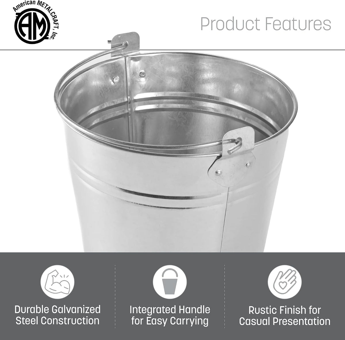 American Metalcraft PTUB87 Natural Galvanized Steel Pail with Handle, 1.16-Gallon, 8" Diameter, Silver