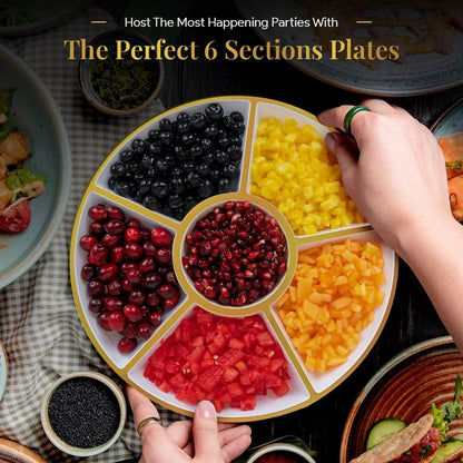 R-kay 4 Pack, 6 Sectional White Plastic Serving Trays For Party With Gold Rim - Heavy Duty Gold Party Trays For Serving Food - 12 Inch Platters