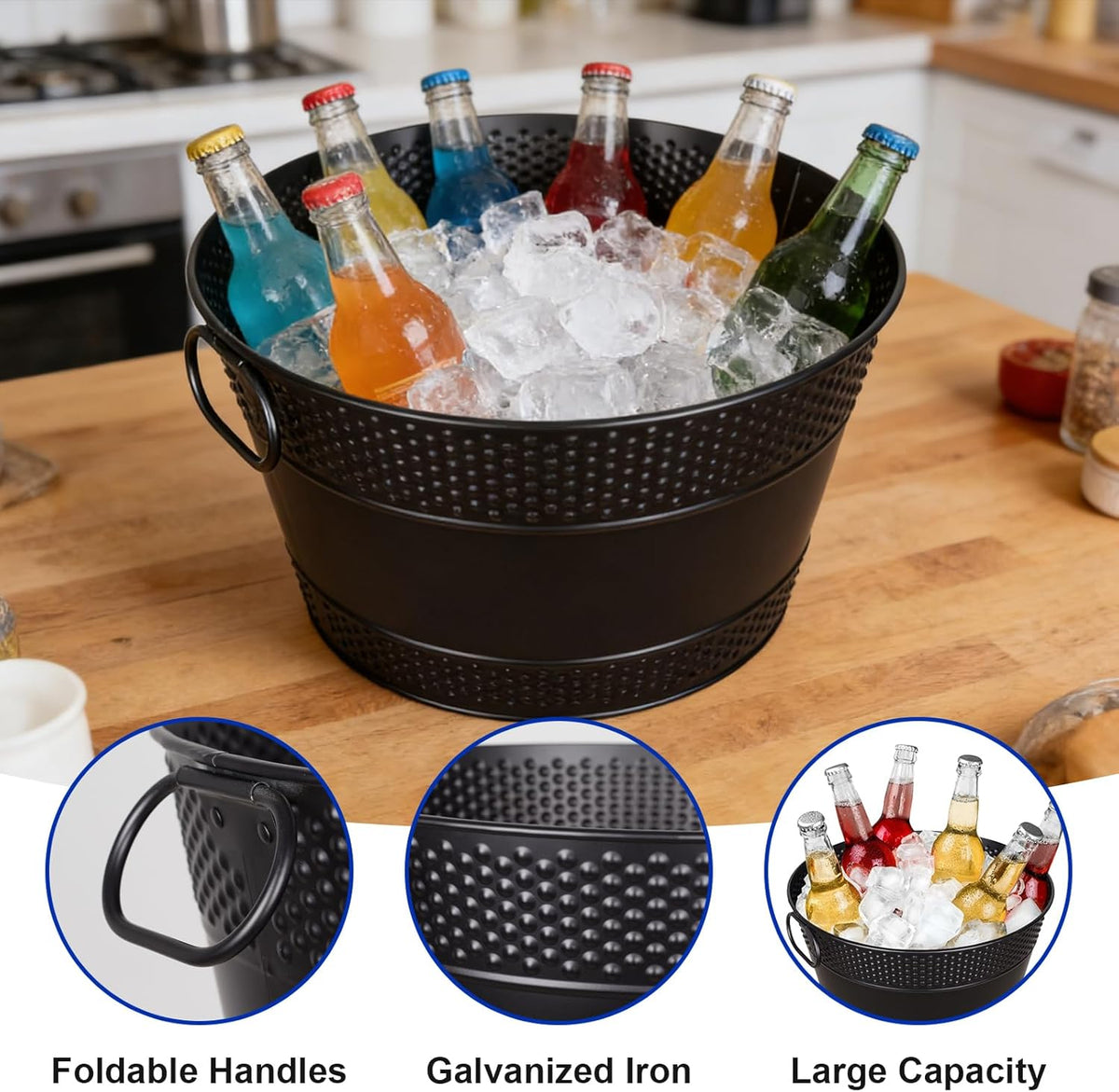 Beverage Tub Large Ice Bucket for Party, Thick Metal Galvanized Tub Drink Buckets, Beverage Bucket with Handles, Drink Bucket for Indoor & Outdoor Parties (1PC Black)
