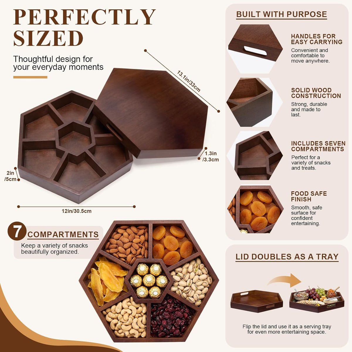 13in Wooden Snack Platter with Lid and Handle, Walnut Veggie Tray