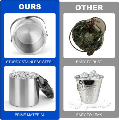 3L Double-Wall Stainless Steel Ice Bucket with Lid,Scoop,Tongs,Handle