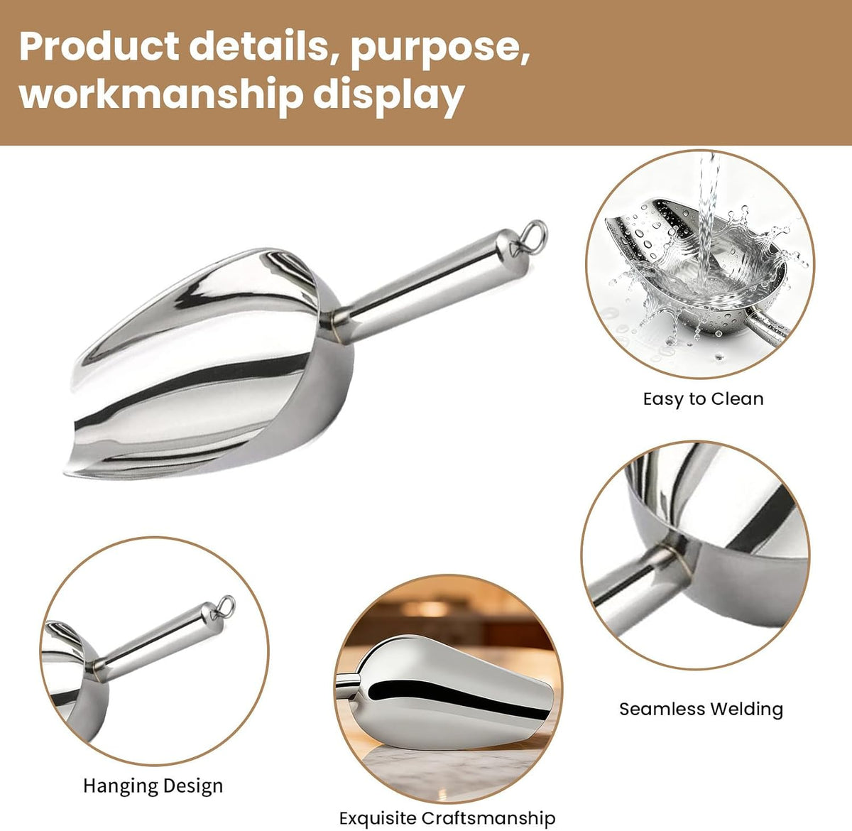12 Oz 304 Stainless Steel Ice Scoop with Magnetic Hook - Heavy Duty Commercial Ice Shovel for Ice Maker & Freezer, Large Scooper for Bar, Kitchen, Party & Pet Food, Easy to Clean (Silver)