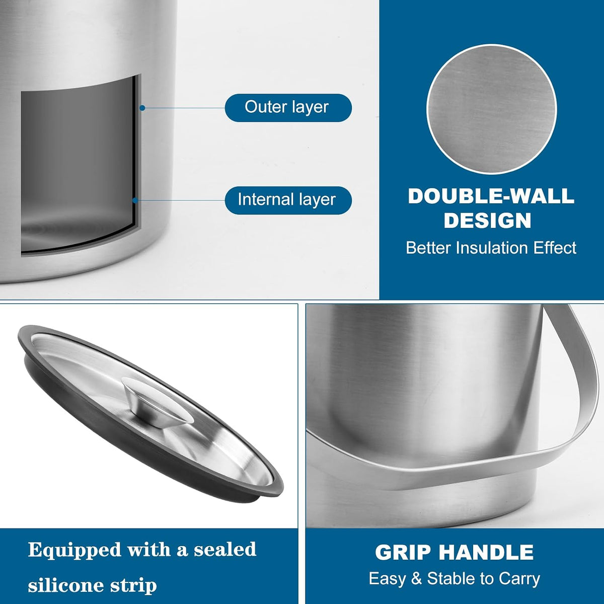 Ice Bucket, 4L Double Wall Insulated Ice Bucket with Lid,Scoop,Tongs- Inner Layer 304 Stainless Steel Ice Container Keep Ice Frozen Longer- Ideal for Cocktail Bar,Parties (4L)