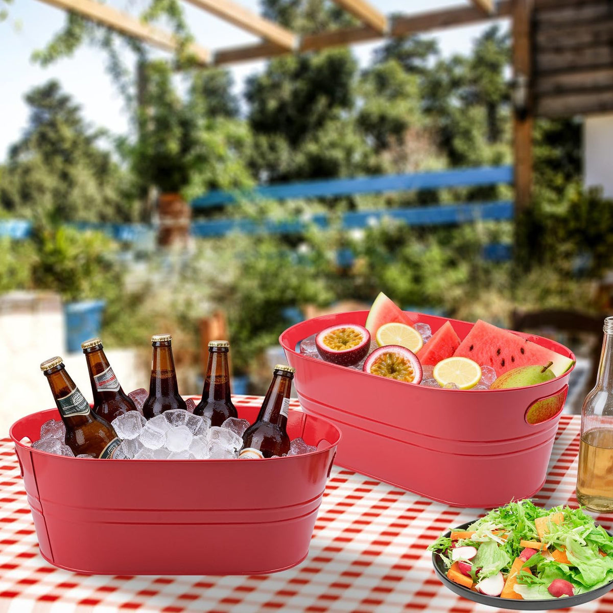 3 Pack 15.3" x 9" x 6" Red Metal Galvanized Tub with Handles, 3 Gallon Large Beverage Tubs for Parties, Beer, Wine, and Cocktails, Rust-Proof and Durable Ice Buckets