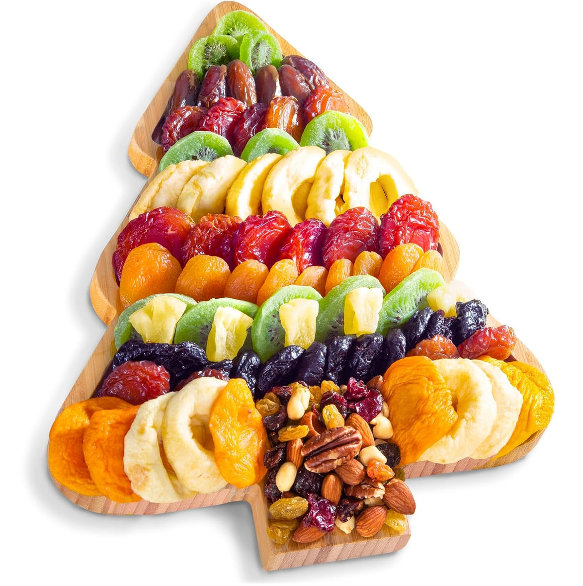 A Gift Inside Dried Fruit and Nuts Gift Basket – Gourmet Dried Apricots, Peaches, Pineapple, Kiwi, Prunes & Plums with Trail Mix – Reusable Christmas Tree Bamboo Serving Tray