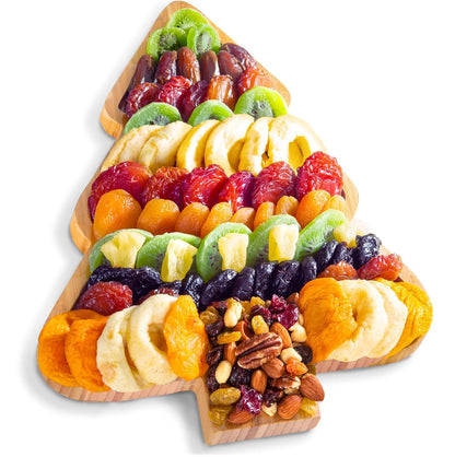 A Gift Inside Dried Fruit and Nuts Gift Basket – Gourmet Dried Apricots, Peaches, Pineapple, Kiwi, Prunes & Plums with Trail Mix – Reusable Christmas Tree Bamboo Serving Tray
