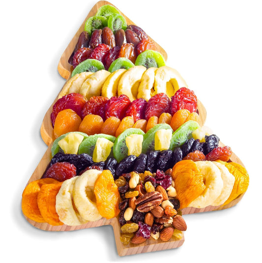 A Gift Inside Dried Fruit and Nuts Gift Basket – Gourmet Dried Apricots, Peaches, Pineapple, Kiwi, Prunes & Plums with Trail Mix – Reusable Christmas Tree Bamboo Serving Tray