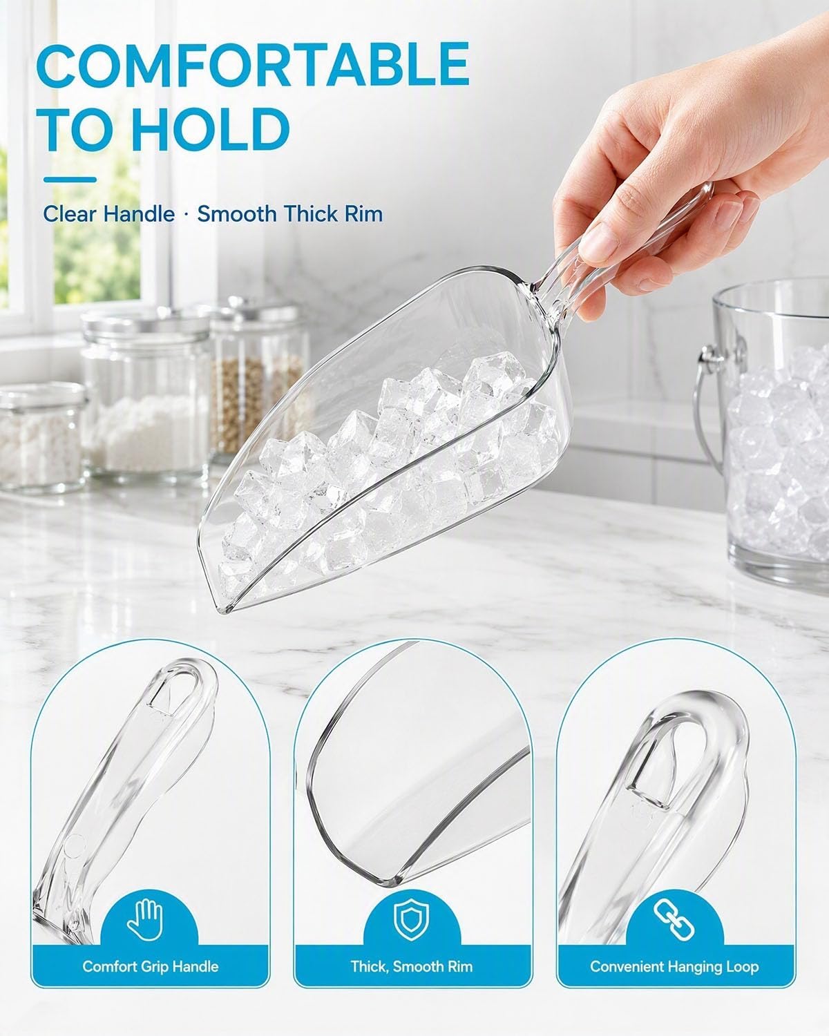 Kichvoe 2Pcs Clear Plastic Ice Scoop, Ergonomic Food Scoops 8.45x2.36in