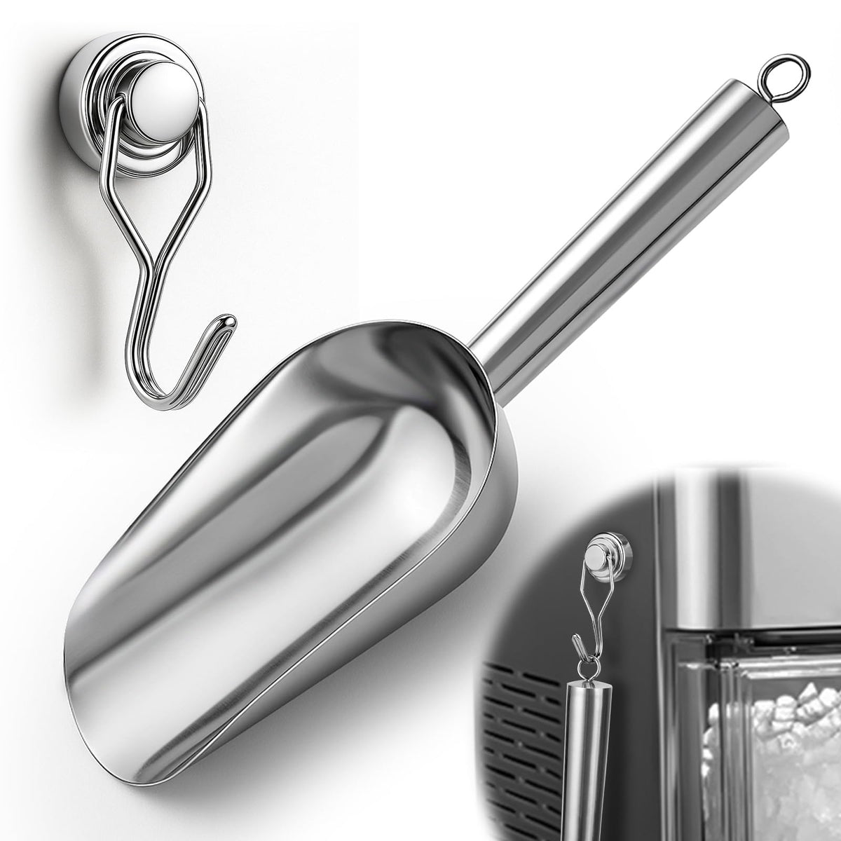 Juome 12oz Stainless Steel Ice Scoop for Freezer with Magnetic Holder