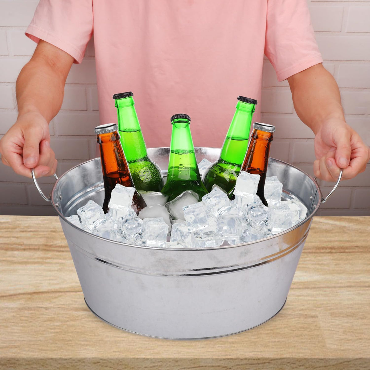 2 PCS Galvanized Tub Ice Bucket Set with Handles - 3.5 Gallon Galvanized Bucket Beverage Tubs for Parties, Large Metal Drink Ice Buckets for Beer, Wine, Cocktails & Outdoor Events