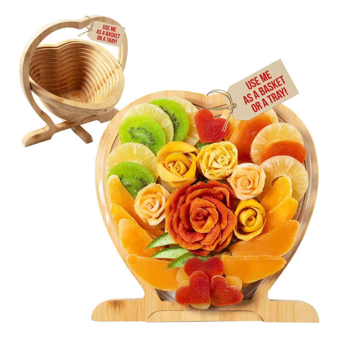 Dried Fruit Gift Basket- Heart Shaped Food Tray- Gourmet Assortment of Premium Tropical Fruits in Reusable Bamboo Heart Basket – Healthy Holiday Snack Gift for Love, Thank you, Corporate Gifting- Bonnie and Pop