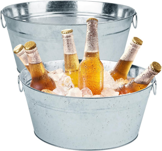2 PCS Galvanized Tub Ice Bucket Set with Handles - 3.5 Gallon Galvanized Bucket Beverage Tubs for Parties, Large Metal Drink Ice Buckets for Beer, Wine, Cocktails & Outdoor Events