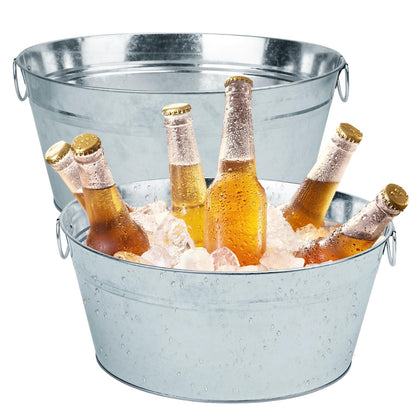 2 PCS Galvanized Tub Ice Bucket Set with Handles - 3.5 Gallon Galvanized Bucket Beverage Tubs for Parties, Large Metal Drink Ice Buckets for Beer, Wine, Cocktails & Outdoor Events