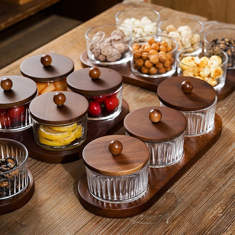 Round Glass Snackle Box Container Snack Organizer and Fruit Platter with Acacia Wood Lids and Tray Divided Serving Tray for Nuts Candy Dry Fruits (6 Jars)