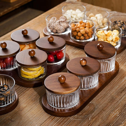Round Glass Snackle Box Container Snack Organizer and Fruit Platter with Acacia Wood Lids and Tray Divided Serving Tray for Nuts Candy Dry Fruits (6 Jars)