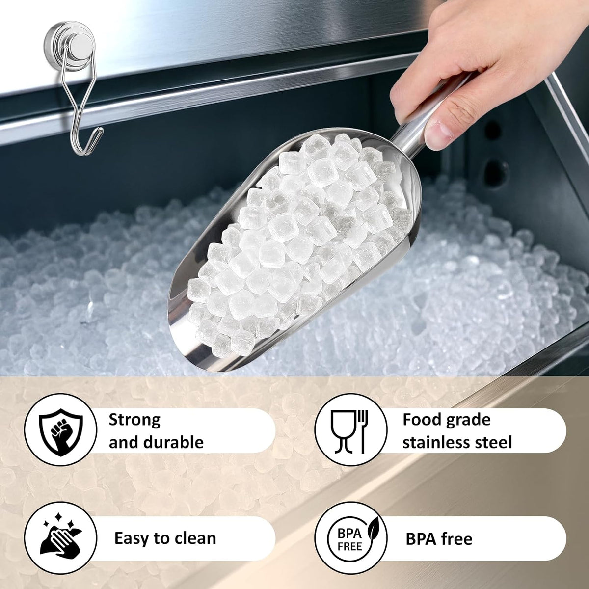 Juome 12oz Stainless Steel Ice Scoop for Freezer with Magnetic Holder