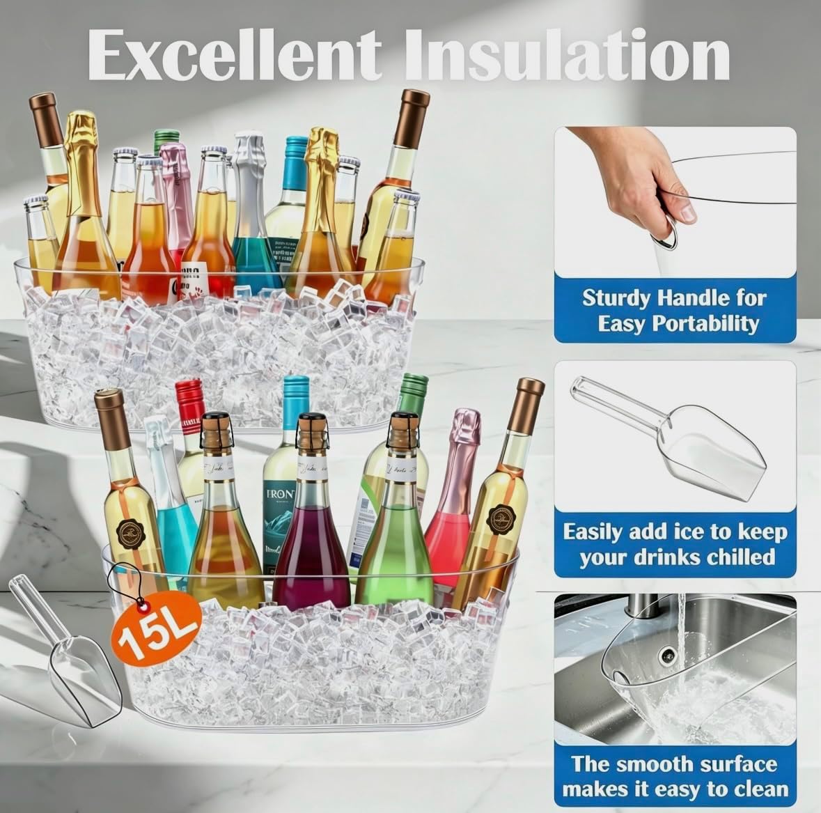 2 PCS Ice Buckets for Parties, 15L Large Ice Bucket, 4 Gallon Clear Acrylic Champagne Ice Buckets with 2 Scoops, Beverage Tub Mimosa Bar Supplies for Champagne, Beer, Cocktail