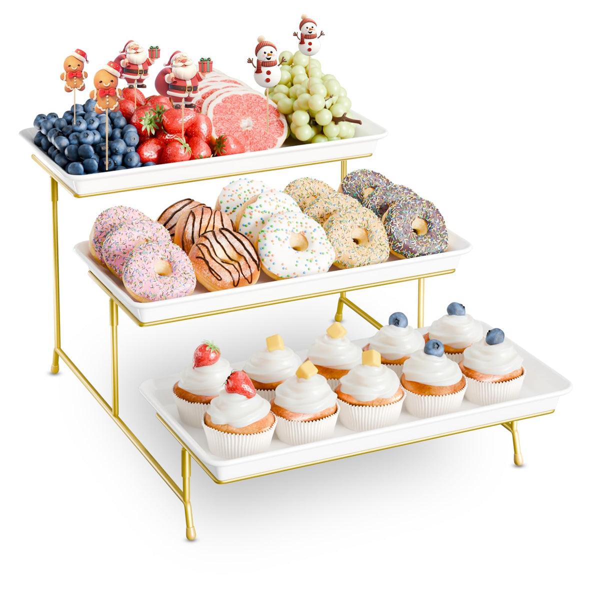 Bumusty 3-Tier Melamine Serving Tray Set, 14 x 7 in, Gold Stand