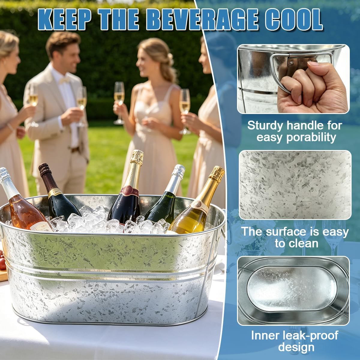 OBTANIM 2 Pack 4 Gallon Galvanized Ice Buckets Metal Champagne Drink Cooler Ice Beverage Tub with Carry Handles for Beer Cocktails Wine Home Parties Bar Cooling Supplies (Silvery)