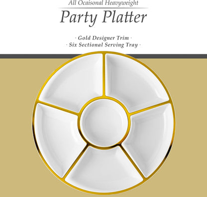 Plasticpro 6 Sectional Round Plastic Serving Tray/Platter (2, White & Gold)