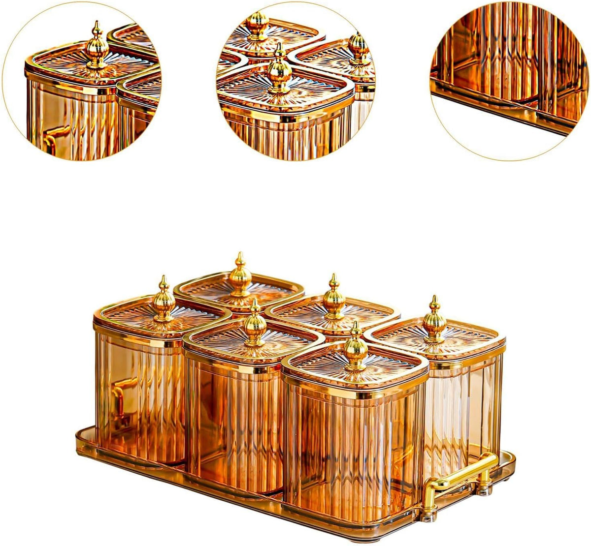 Dry Fruit Jars with Lid Set, Dustproof Multifunctional with Tray Snack Container,Sugar Jars for Dining Room Kitchen, Amber