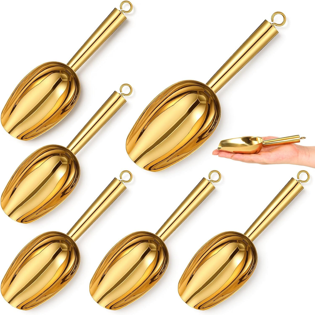 Mini Ice Scooper Set of 6, 3oz Stainless Steel Kitchen Scoops Metal Utility Scoops Stainless Steel Canister Small Ice Candy Scoop Utility for Kitchen Bar Party Wedding, Mirror Finish, Gold