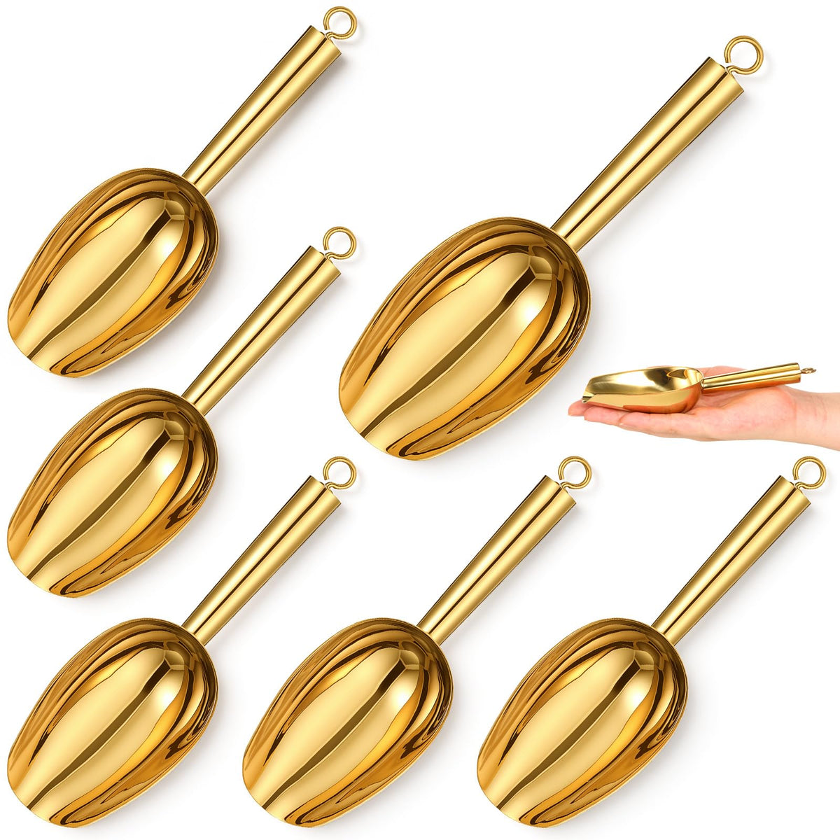 Mini Ice Scooper Set of 6, 3oz Stainless Steel Kitchen Scoops Metal Utility Scoops Stainless Steel Canister Small Ice Candy Scoop Utility for Kitchen Bar Party Wedding, Mirror Finish, Gold
