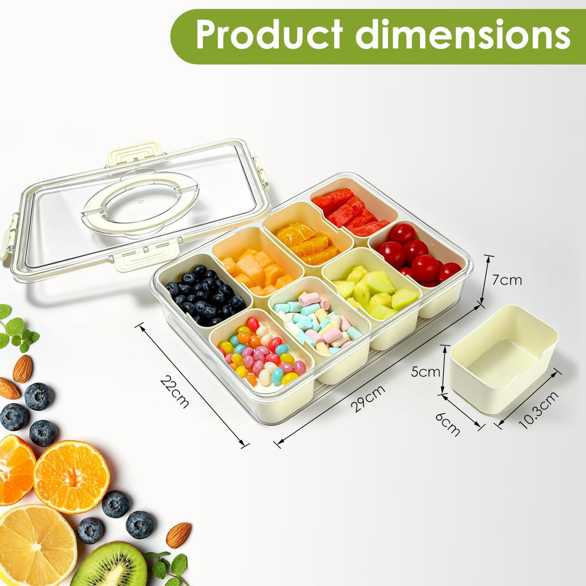HRXFOZ Divided Serving Tray with Lid and Handle, 8 Compartment Snack Box, Portable Snack Platter for Fruits, Veggies, Nuts, Party Entertaining, Picnic (2 PCS)